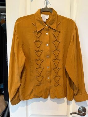 Vintage mustard yellow-gold 100% silk blouse with lovely cross cross detail